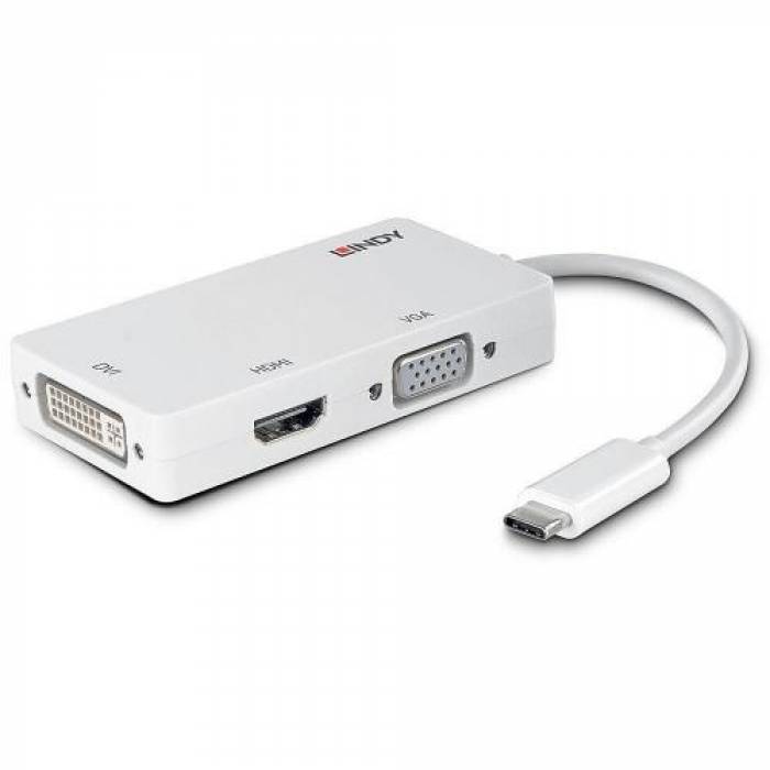 Adaptor Lindy LY-43273, USB-C - HDMI + DVI + VGA, White