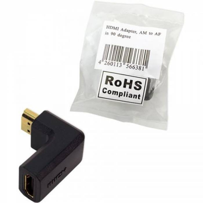 Adaptor Logilink 1x HDMI Female - 1x HDMI Male, conector 90 grade, negru