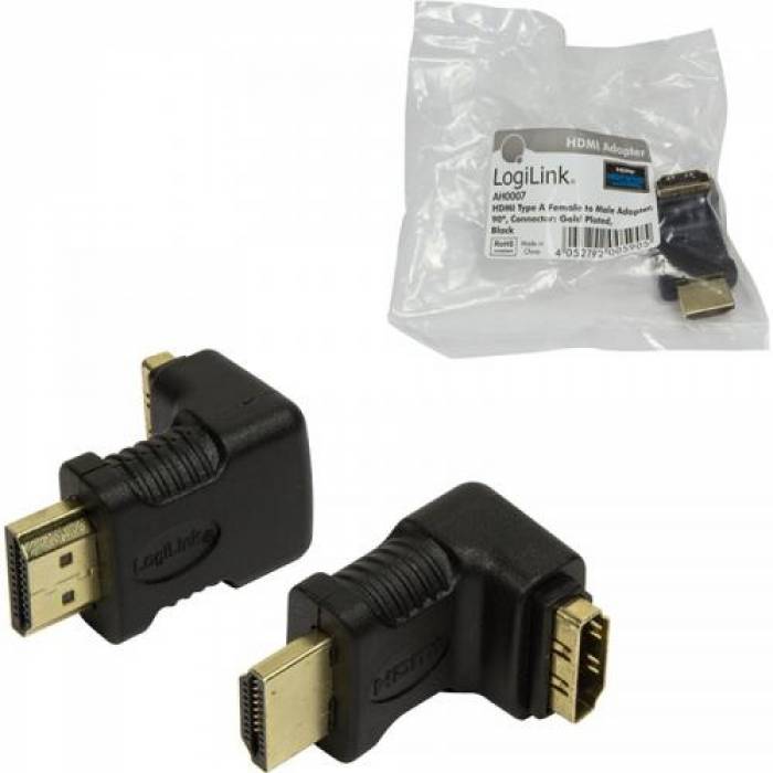 Adaptor LogiLink HDMI Male la HDMI Female, conector 90 grade, negru