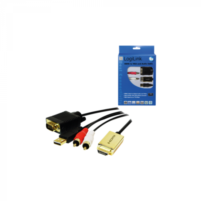 Adaptor Logilink HDMI - VGA + USB, 2xRCA (audio), 2m, Black
