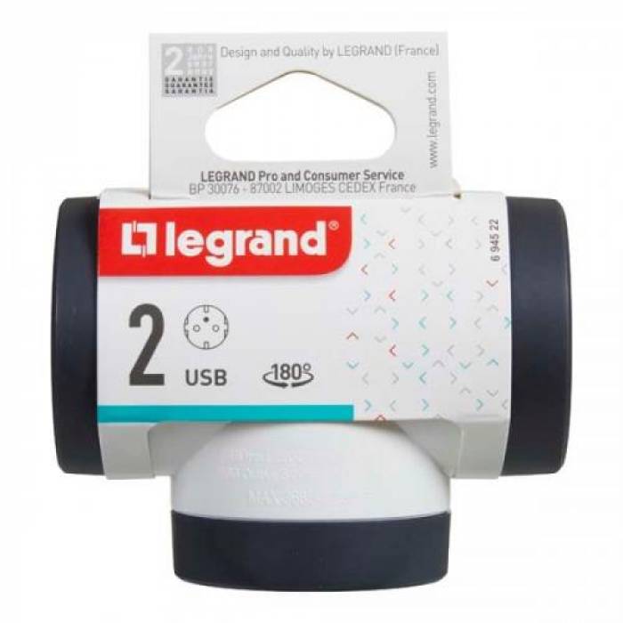 Adaptor Priza Legrand L694522, 2x Schuko, 1x USB, 1x USB-C, White-Black