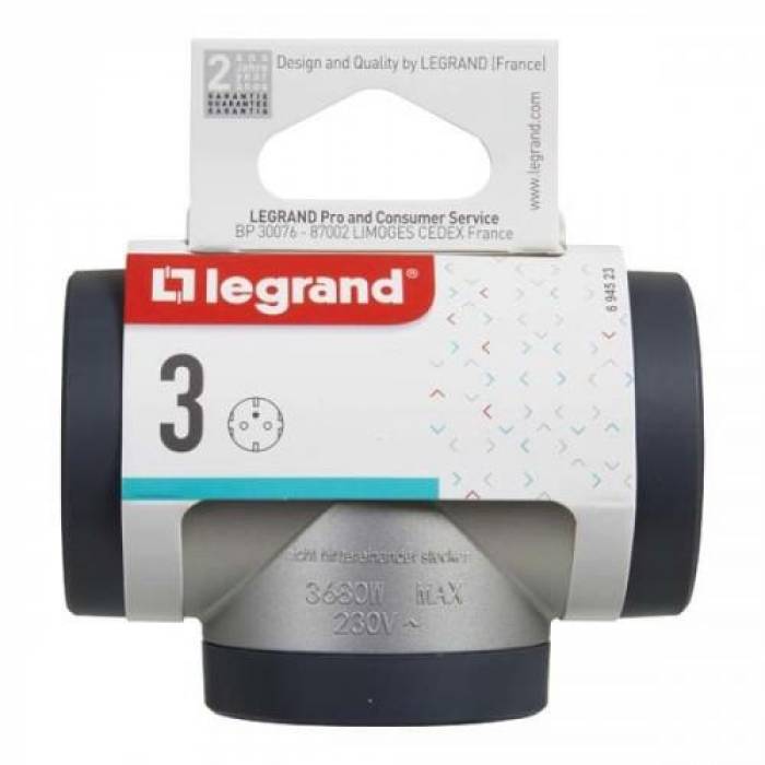 Adaptor Priza Legrand L694523, 3x Schuko, Silver-Black