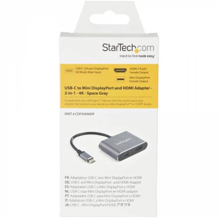 Adaptor Startech CDP2HDMDP, mini Displayport + HDMI + USB-C, Gray