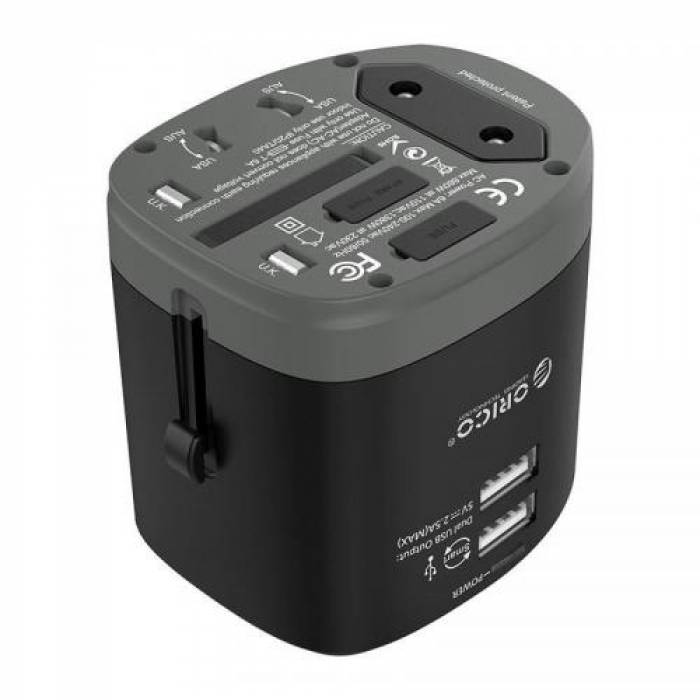 Adaptor universal priza Orico UTT-2U01, 2x USB, Black