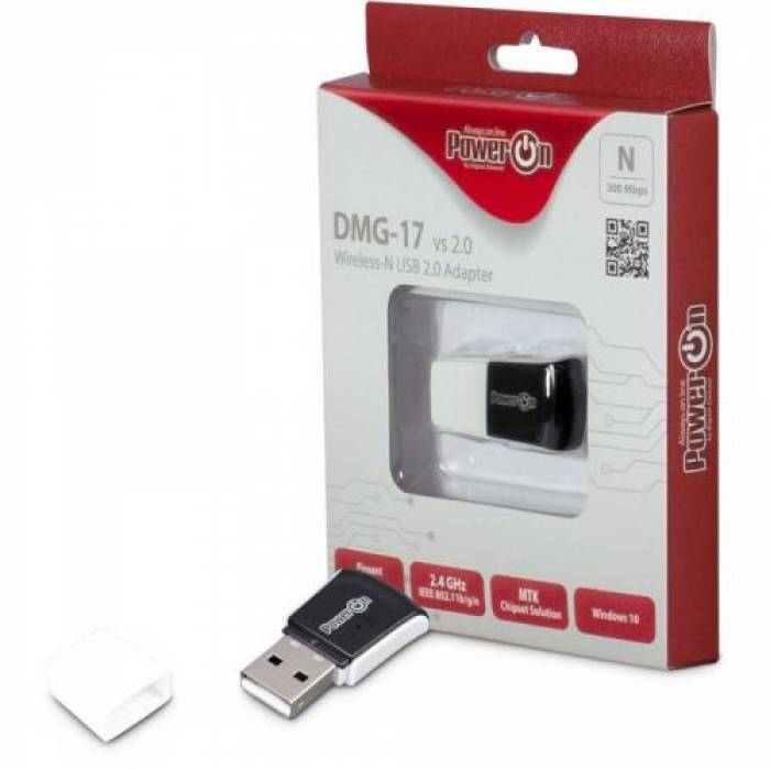 Adaptor wireless PowerOn DMG-17, USB, 300 Mbps, Black-White