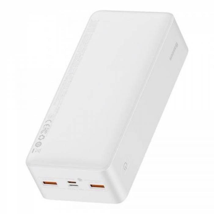 Baterie portabila Baseus Bipow, 30000mAh, 2x USB, 1x USB-C, 1x MicroUSB, White