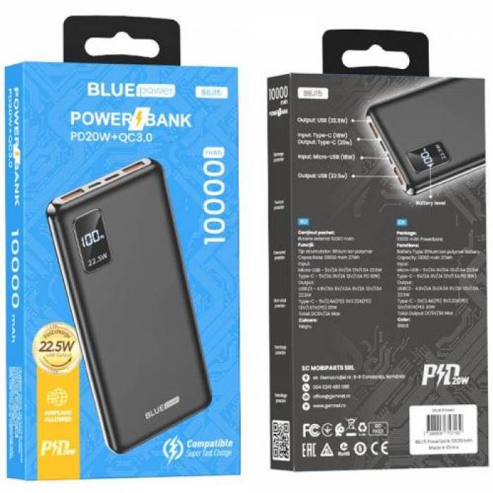 Baterie Portabila Blue Power BBJ15, 10000mAH, 2x USB, 1x microUSB, 1x USB-C, Black