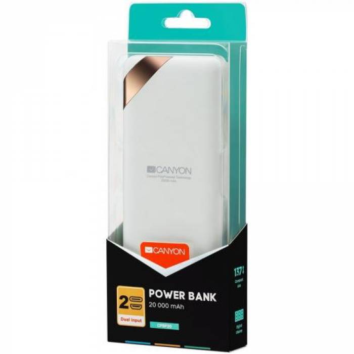 Baterie portabila Canyon Compact, 20000mAh, 2x USB, White