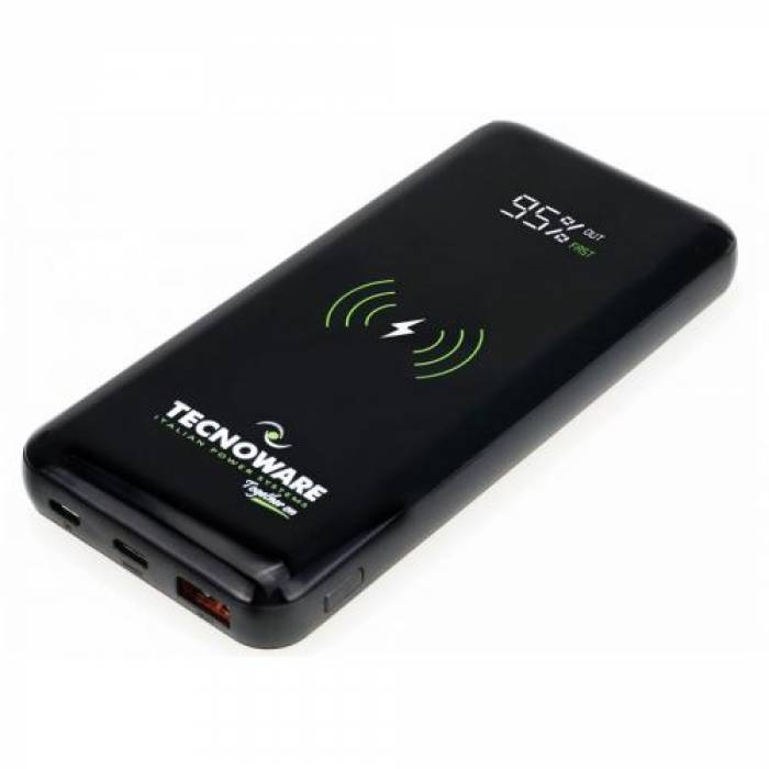 Baterie portabila Tecnoware Wireless, 10000mAh, 2x USB, Black