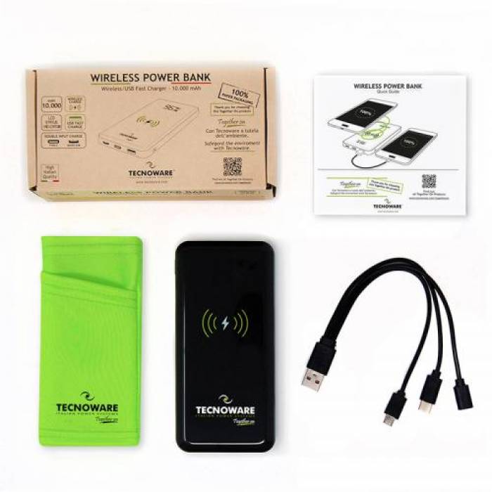 Baterie portabila Tecnoware Wireless, 10000mAh, 2x USB, Black