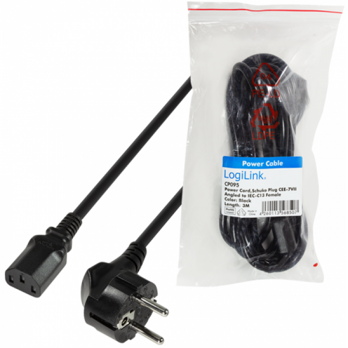 Cablu alimentare Logilink CP095, Schuko - C13, 3m, Black