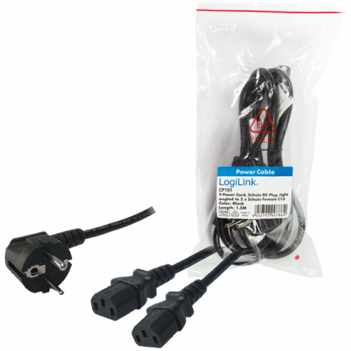Cablu alimentare Logilink CP101, Schuko - 2x C13, 1.7m, Black