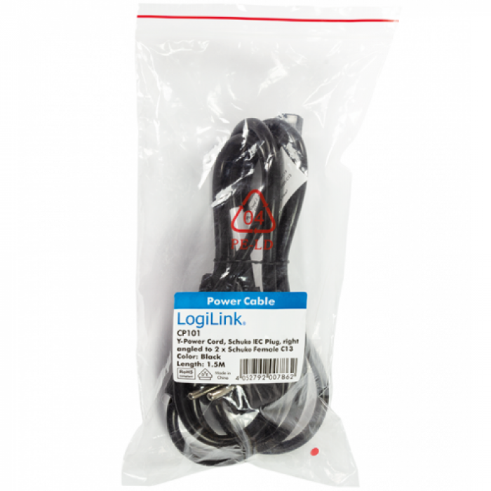 Cablu alimentare Logilink CP101, Schuko - 2x C13, 1.7m, Black