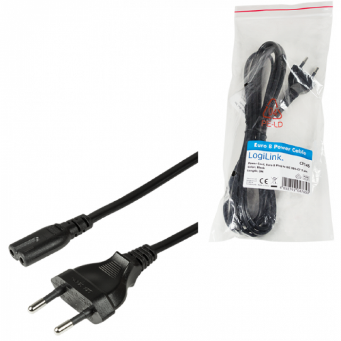 Cablu alimentare Logilink CP145, Euro Plug - C7, 3m, Black