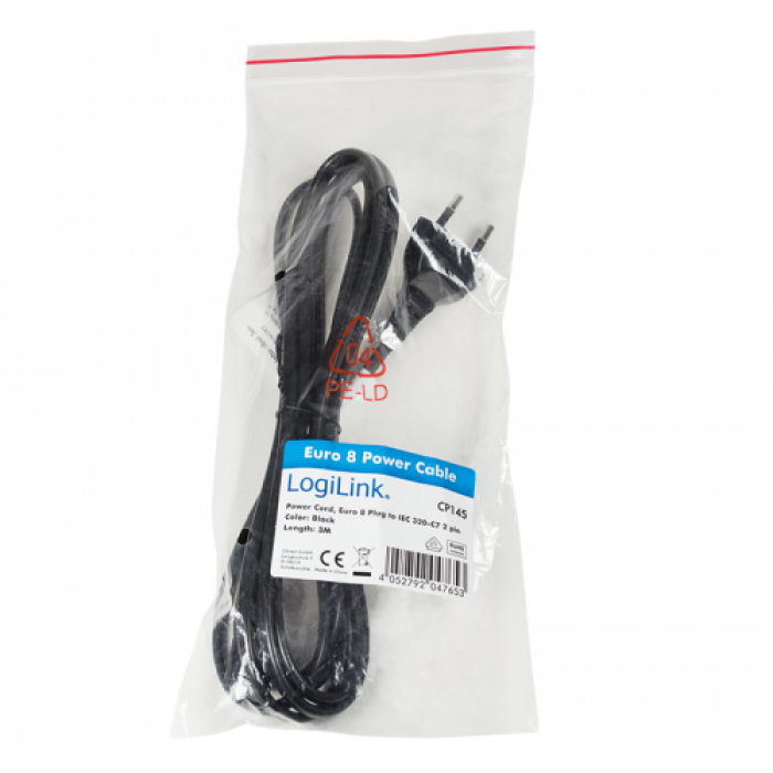 Cablu alimentare Logilink CP145, Euro Plug - C7, 3m, Black