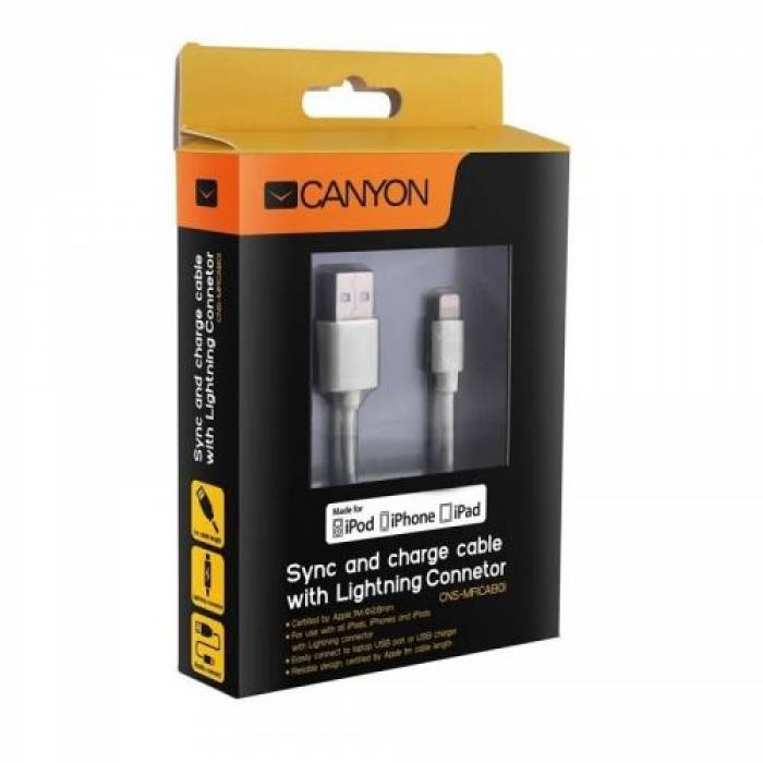 Cablu date Canyon Lightning USB, 1m, White