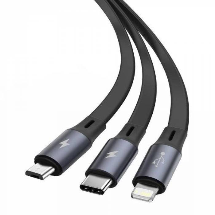 Cablu de date Baseus Bright Mirror 3-in-1 CAMLT-MJ01, USB - Micro-USB + Lightning + USB-C, 1.2m, Black