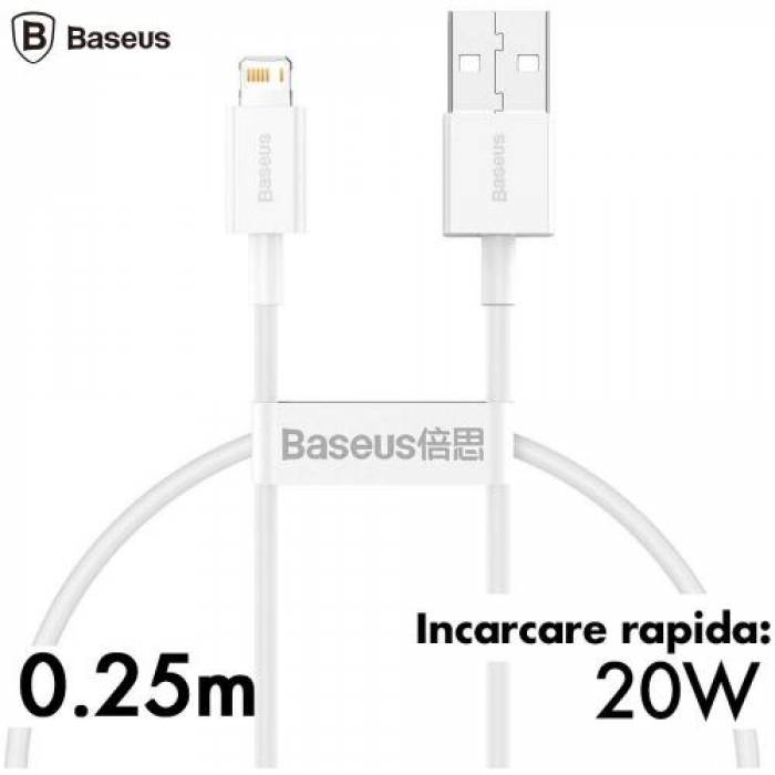 Cablu de date Baseus Superior, Fast Charging, CALYS-02, USB - Lightning, 0.25m, White