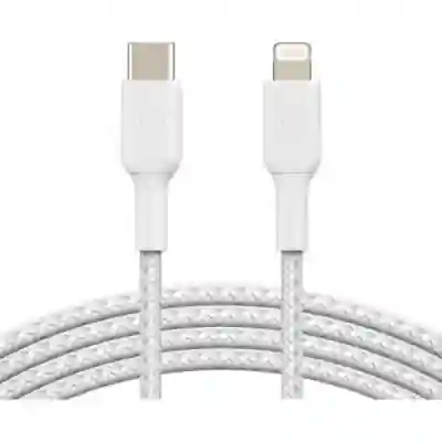 Cablu de date Belkin Boost Charge Braided, USB-C - Lightning, 1m, White