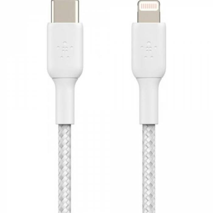 Cablu de date Belkin Boost Charge Braided, USB-C - Lightning, 1m, White