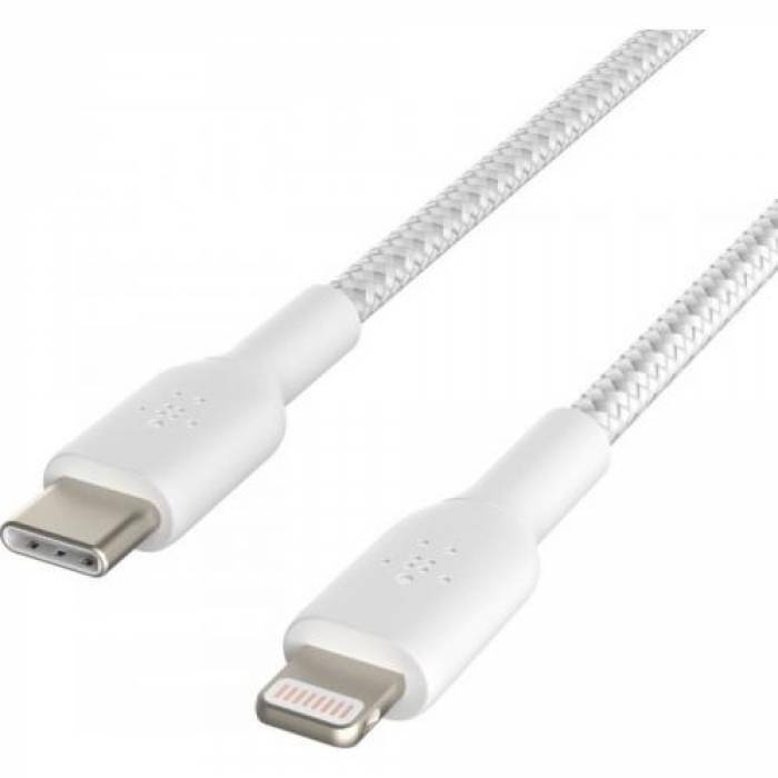 Cablu de date Belkin Boost Charge Braided, USB-C - Lightning, 1m, White