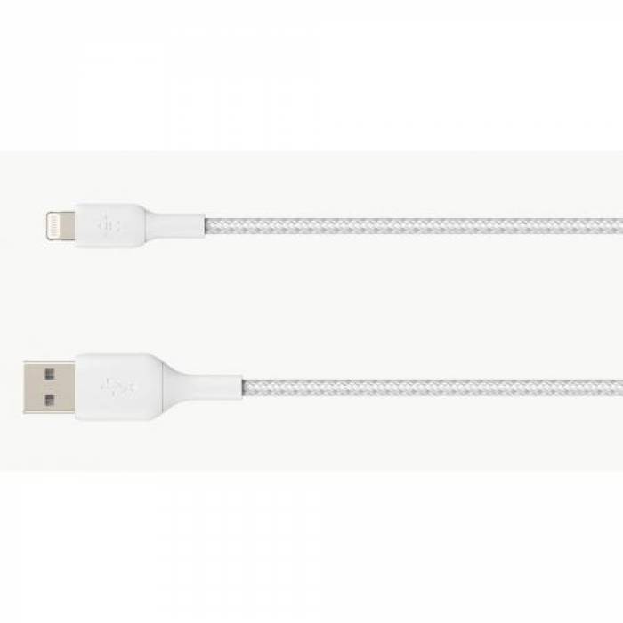 Cablu de date Belkin Boost Charge Braided, USB Tip A - Lightning, 15cm, White