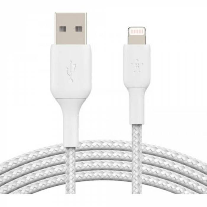 Cablu de date Belkin Boost Charge Braided, USB Tip A - Lightning, 2m, White