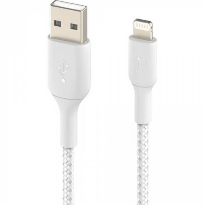 Cablu de date Belkin Boost Charge Braided, USB Tip A - Lightning, 2m, White