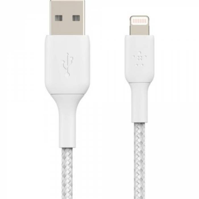 Cablu de date Belkin Boost Charge Braided, USB Tip A - Lightning, 2m, White