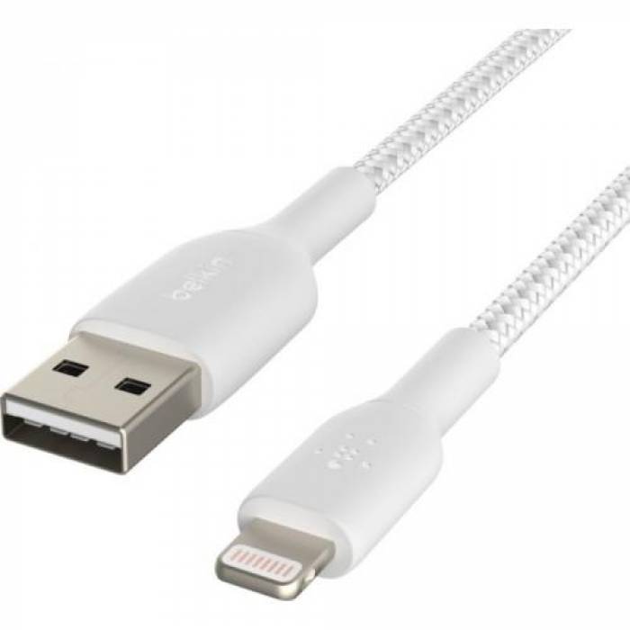 Cablu de date Belkin Boost Charge Braided, USB Tip A - Lightning, 2m, White