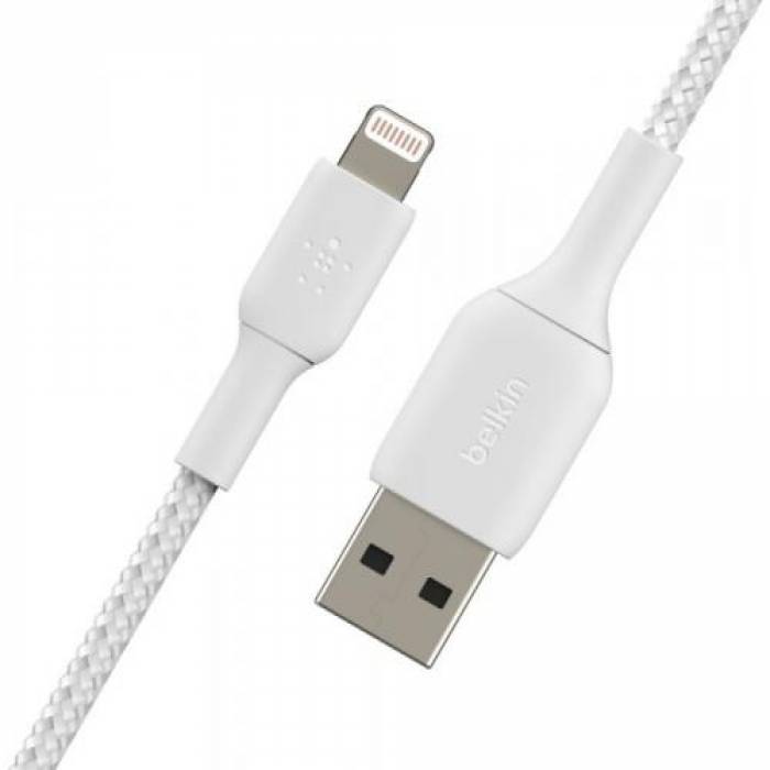 Cablu de date Belkin Boost Charge Braided, USB Tip A - Lightning, 3m, White