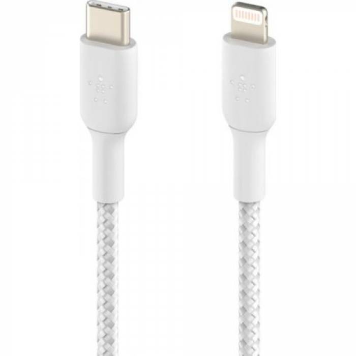 Cablu de date Belkin Boost Charge Braided, USB Tip C - Lightning, 2m, White