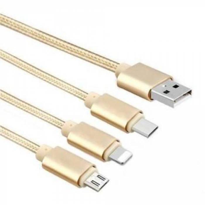 Cablu de date Biostar 3-in-1, USB - Micro USB + Lightning + USB-C, 1.2m, Gold