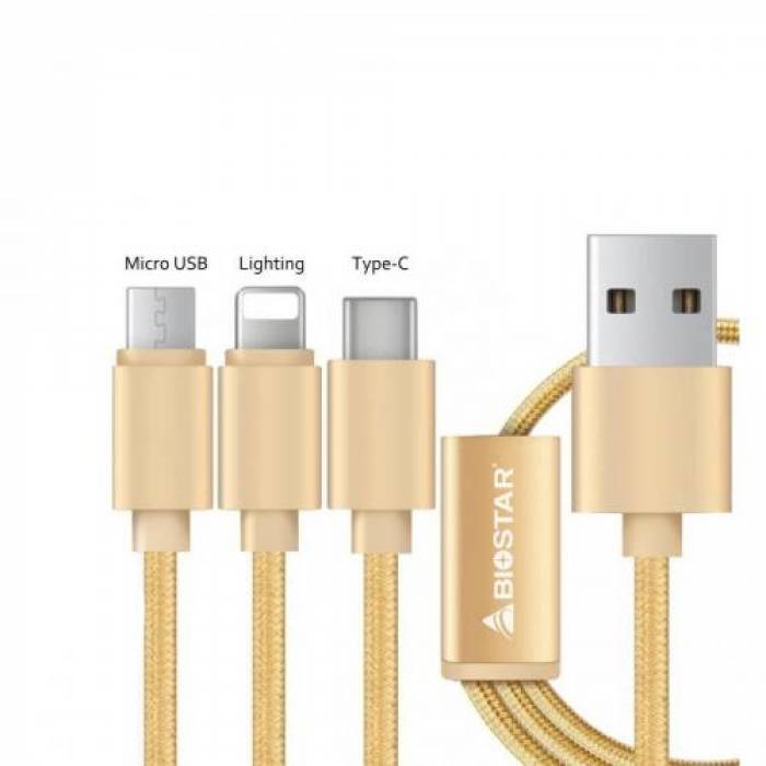 Cablu de date Biostar 3-in-1, USB - Micro USB + Lightning + USB-C, 1.2m, Gold