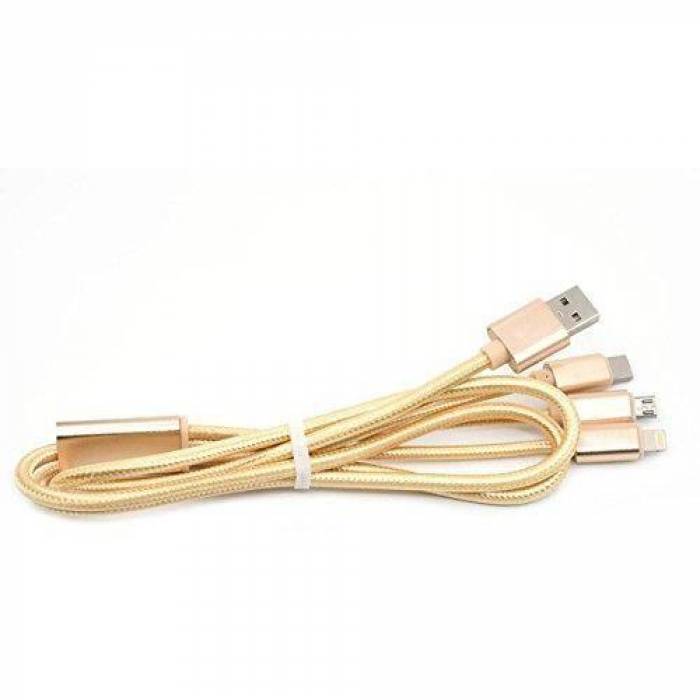 Cablu de date Biostar 3-in-1, USB - Micro USB + Lightning + USB-C, 1.2m, Gold
