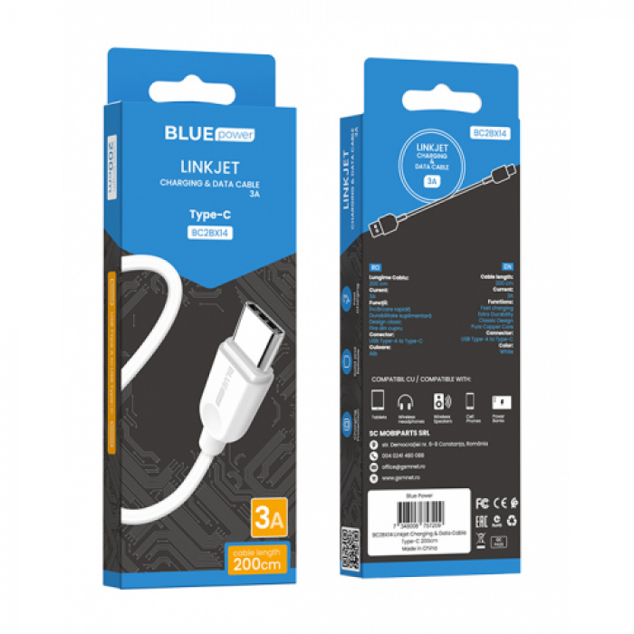 Cablu de date Blue Power BC2BX14 LinkJet, USB - USB-C, 2m, White