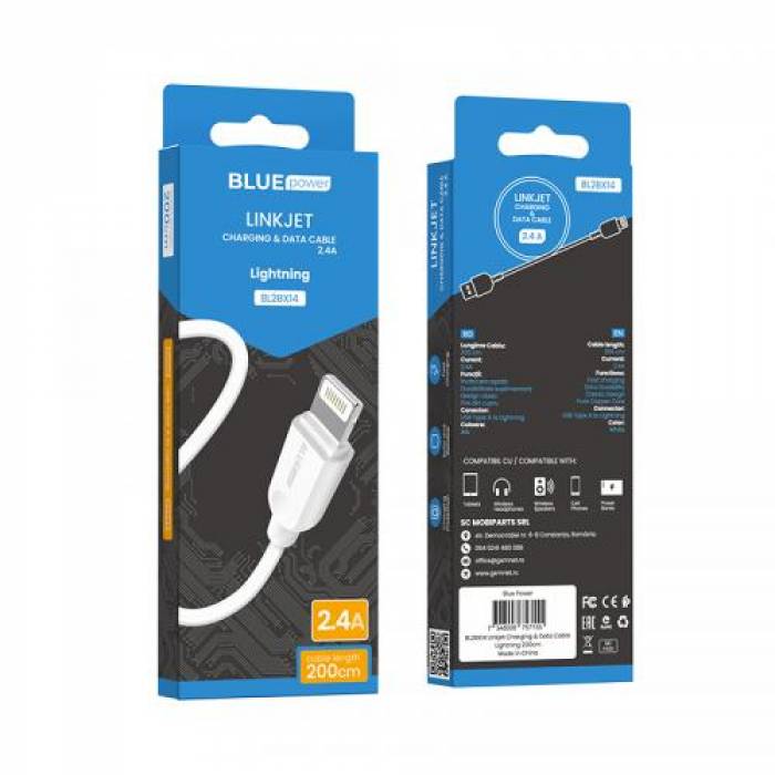 Cablu de date Blue Power BL2BX14 LinkJet, USB - Lightning, 2m, White