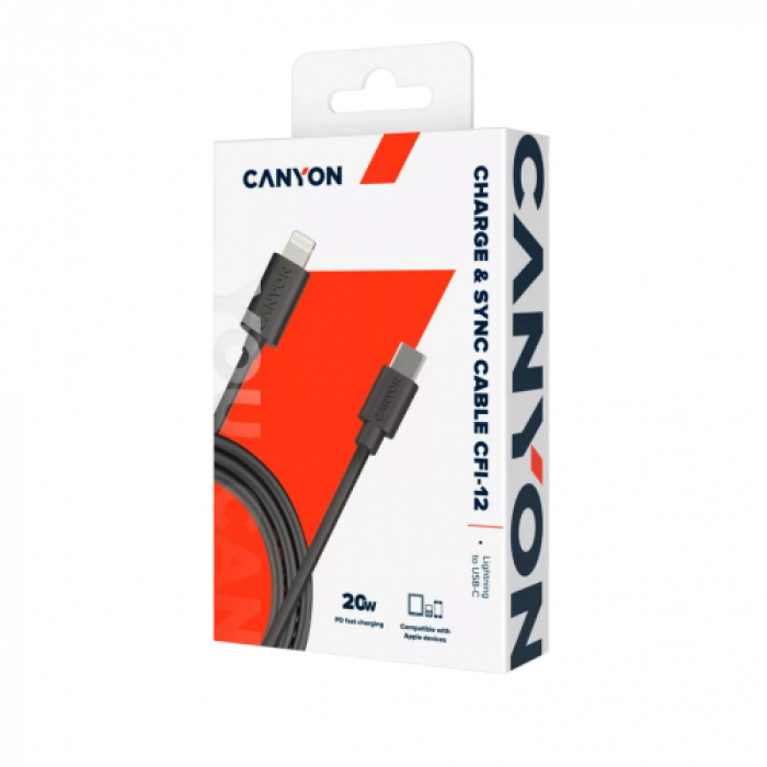 Cablu de date Canyon CNE-CFI12B, USB-C - Lightning, 2m, Black