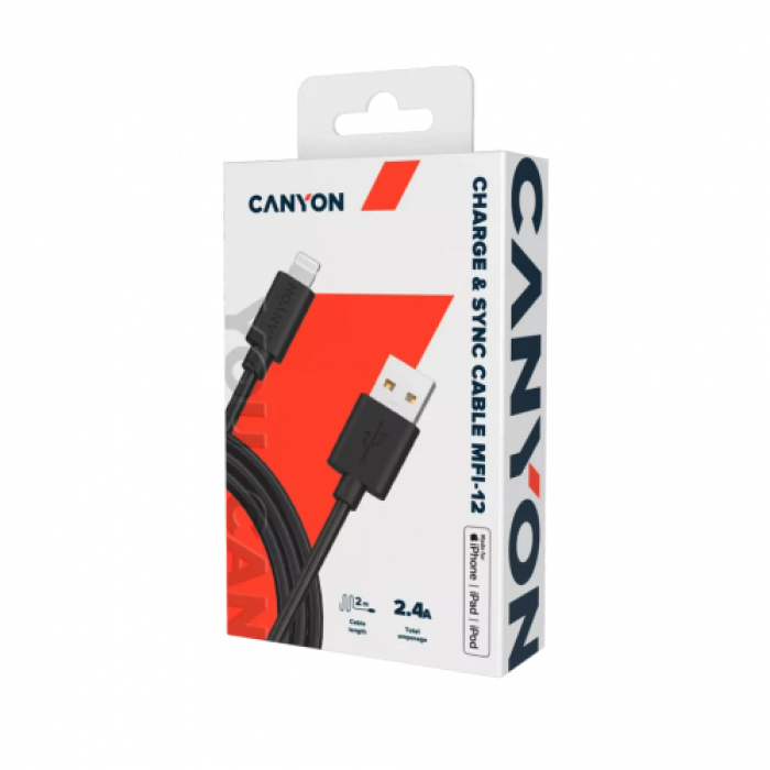 Cablu de date Canyon CNS-MFIC12B, USB - Lightning, 2m, Black