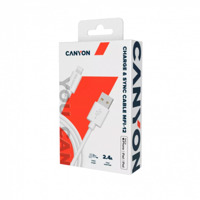 Cablu de date Canyon CNS-MFIC12W, USB - Lightning, 2m, White