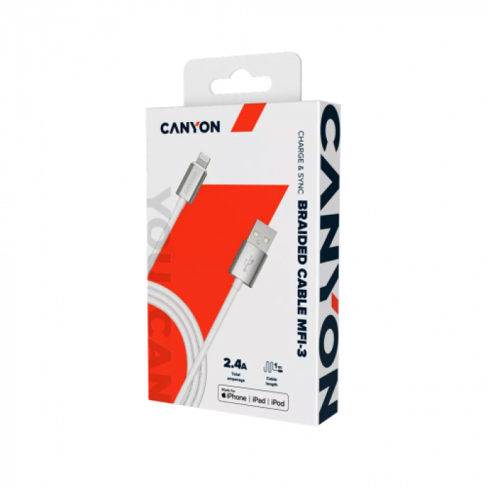 Cablu de date Canyon CNS-MFIC3PW, USB - Lightning, 1m, Pearl White