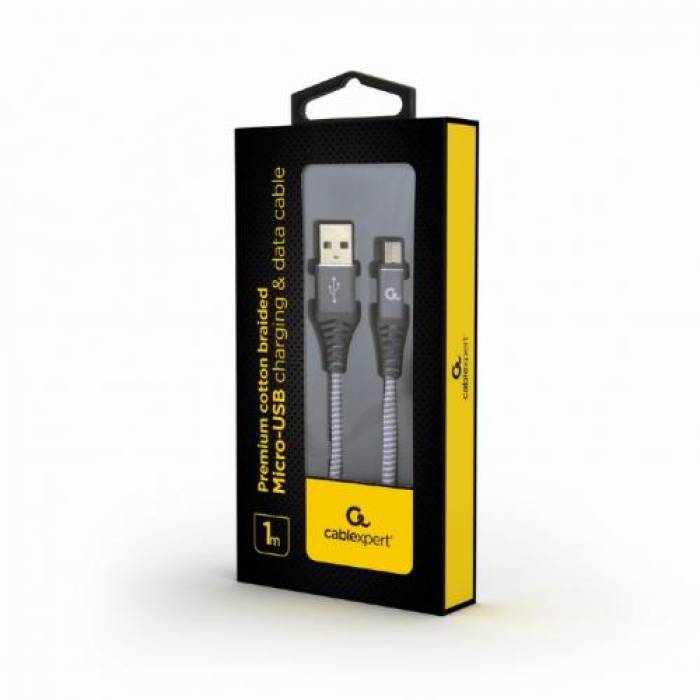Cablu de date Gembird Premium cotton braided, USB 2.0 - micro USB, 1m, Grey-White