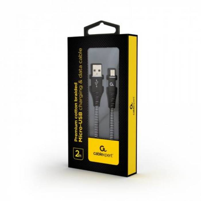 Cablu de date Gembird Premium cotton braided, USB 2.0 - micro USB, 2m, Black-White