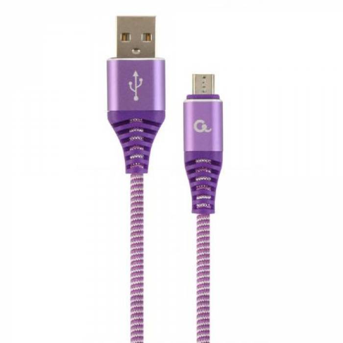 Cablu de date Gembird Premium cotton braided, USB 2.0 - micro USB, 2m, Purple-White