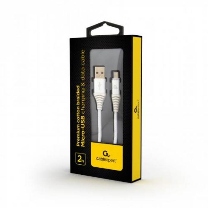 Cablu de date Gembird Premium cotton braided, USB 2.0 - micro USB, 2m, White