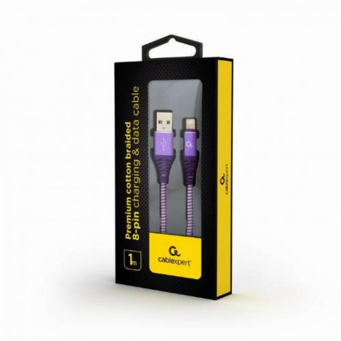 Cablu de date Gembird Premium Cotton Braided, USB - Lightning, 1m, Purple-White