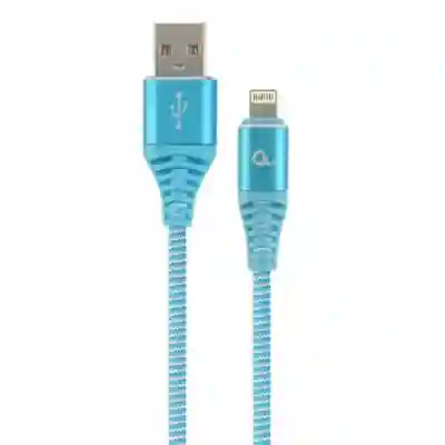 Cablu de date Gembird Premium Cotton Braided, USB - Lightning, 1m, Turquoise-White