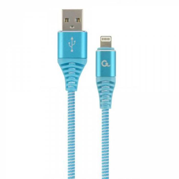 Cablu de date Gembird Premium Cotton Braided, USB - Lightning, 1m, Turquoise-White