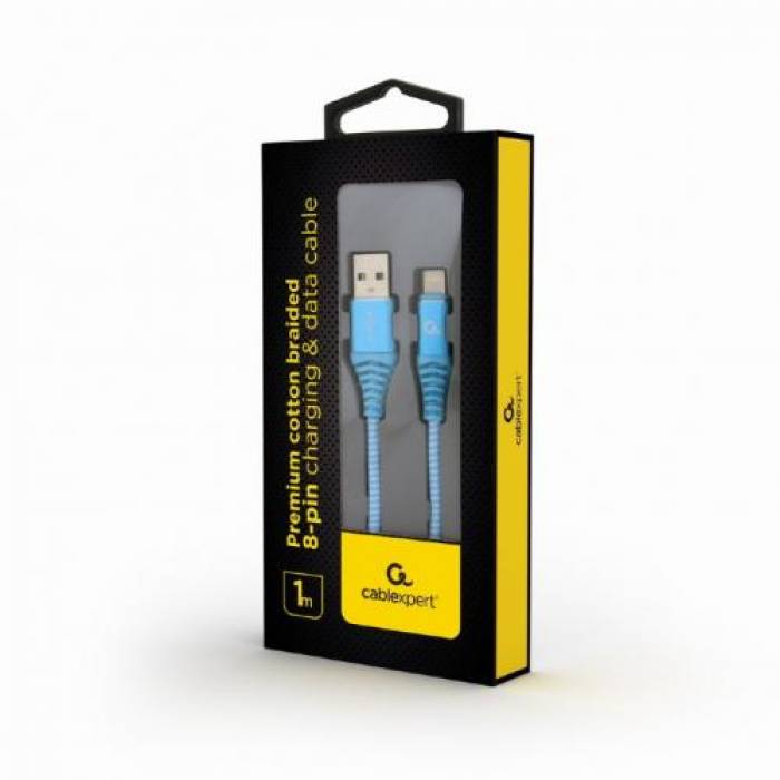 Cablu de date Gembird Premium Cotton Braided, USB - Lightning, 1m, Turquoise-White