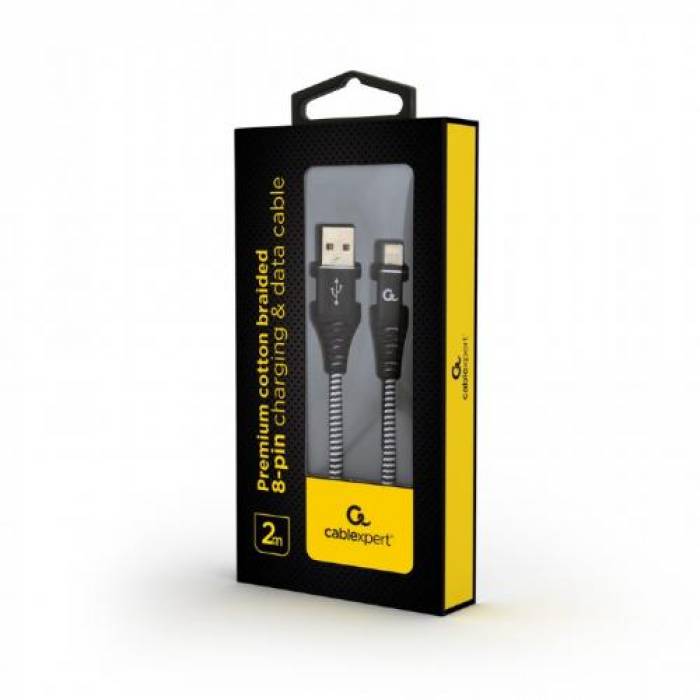Cablu de date Gembird Premium Cotton Braided, USB - Lightning, 2m, Black-White